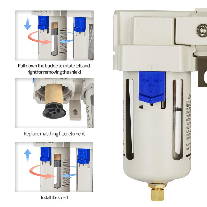 BLCH 3/8" NPT Air Compressor Filter - Double Compressed Air Dryer Air Compressor Regulator AC3000-03 Semi-Auto Drain Poly Bowl Gauge 0-160 PSI Brass - Image 3